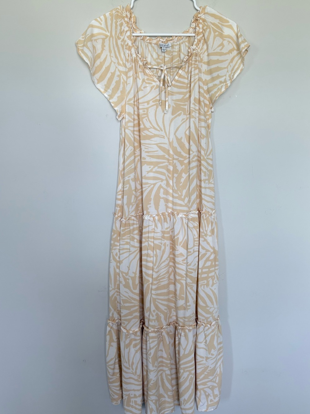 Patrons of Peace Yellow White Tropical Print Tiered Maxi Dress Size Small S